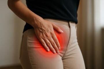 Woman suffering from pelvic pain touching her lower abdomen