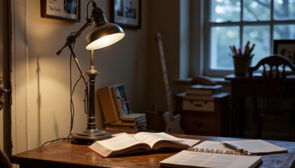 Cozy Workspace with Open Book Illuminated by Lamp in Quiet Study Room with Warm Lighting