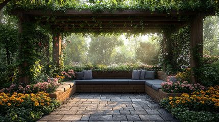 Naklejka premium Serene Garden Retreat with Floral Seating Area and Natural Light