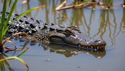 Obraz premium Close-Up of a Crocodile Swimming Through a Swamp Surrounded by Tall Grass and Murky Water