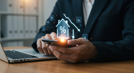 Falling Mortgage Rates: A man in his 30s uses his smartphone to track decreasing interest rates in the housing market.