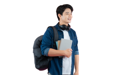 Portrait of Asian male student wearing headphones , holding book and posing on PNG background	
