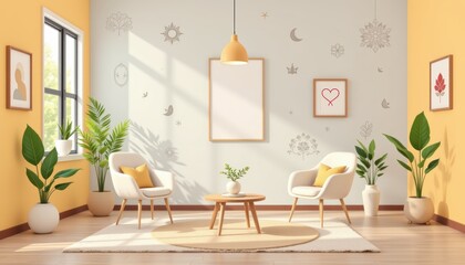 Contemporary Living Room with Yellow Accents and Potted Plants Bathed in Natural Light