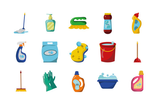 Colorful Cleaning Tools Equipment Illustrations Design Set