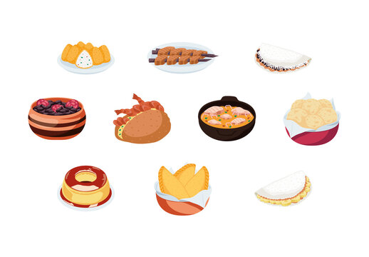Red And Yellow Brazil Food Brazilian Cuisine Traditional Illustrations Set