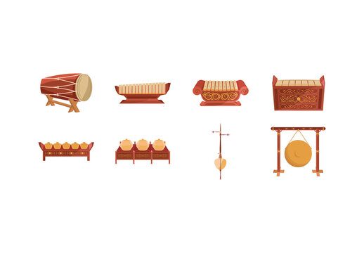 Brown And Beige Gamelan Traditional Instrument Music Indonesian Culture Illustrations Set