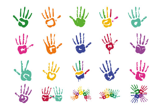 Colorful Handprint Painted Kids Funny Activity Illustrations Set