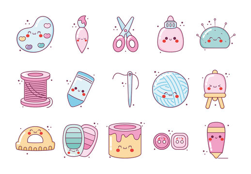 Pink And Blue Kawaii Sewing Tools Cute Art Craft Supplies Illustrations Set