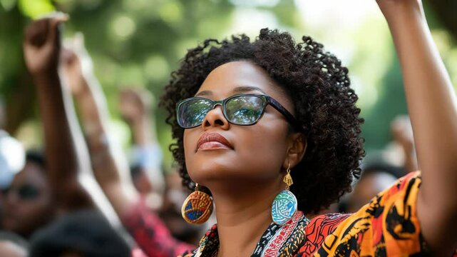 Vibrant celebration: joyful woman leads energetic outdoor dance with crowd