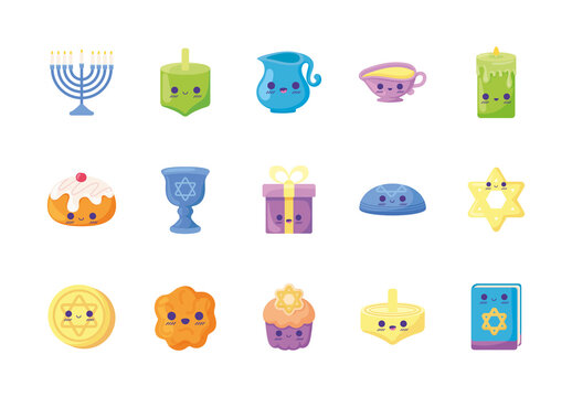 Colorful Kawaii Hanukkah Cute Jewish Culture Illustrations Design Set