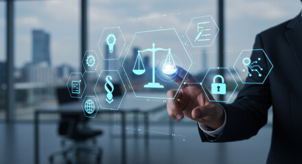 Legal Tech Innovation: Forty-something Businessman Activating Justice Scale on Futuristic Digital Interface, Driving Modern Legal Solutions