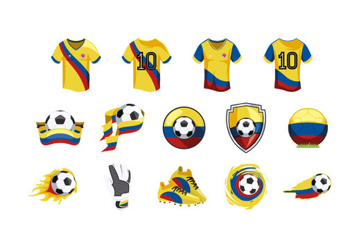 Colorful Colombia Soccer Sport Football Illustrations Design Set