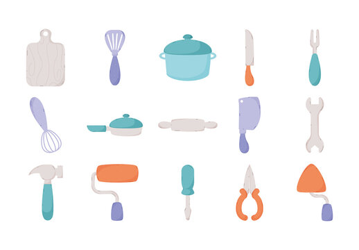 Colorful Kitchenware Cooking Tools Kitchen Utensil Illustrations Set