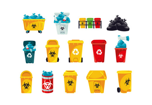 Colorful Toxic Trash Bin Garbage Container Pollution Waste Illustrations Set