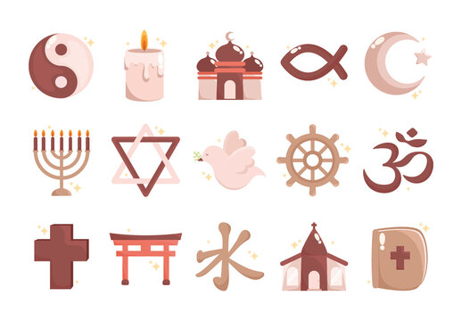 Beige And Brown Religion Symbols Belief Spiritual Faith Icons Set