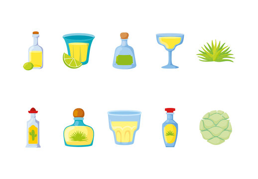 Green And Yellow Mexican Mezcal Bottle Tequila Drink Illustrations Collection Set