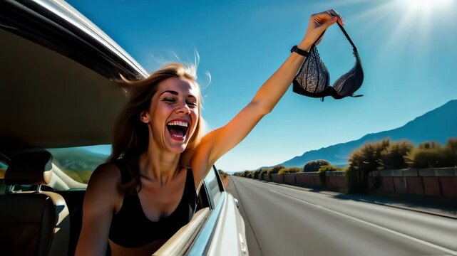 Woman Celebrates Freedom on a Road Trip, Holding Bra Out of Car Window on a Sunny Day