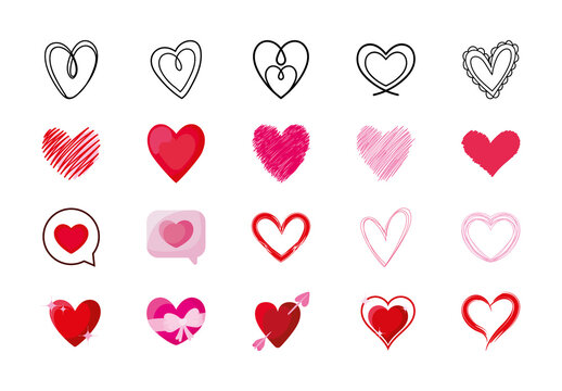 Red And Pink Scribble Hearts Love Valentine Romantic Icons Set