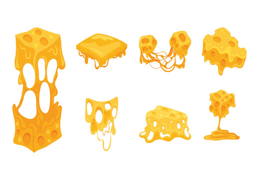 Yellow And Orange Cheese Slices Melted Dairy Food Icons Set