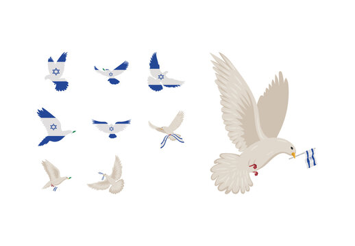 White And Blue Israel Peace Dove Freedom Illustrations Set