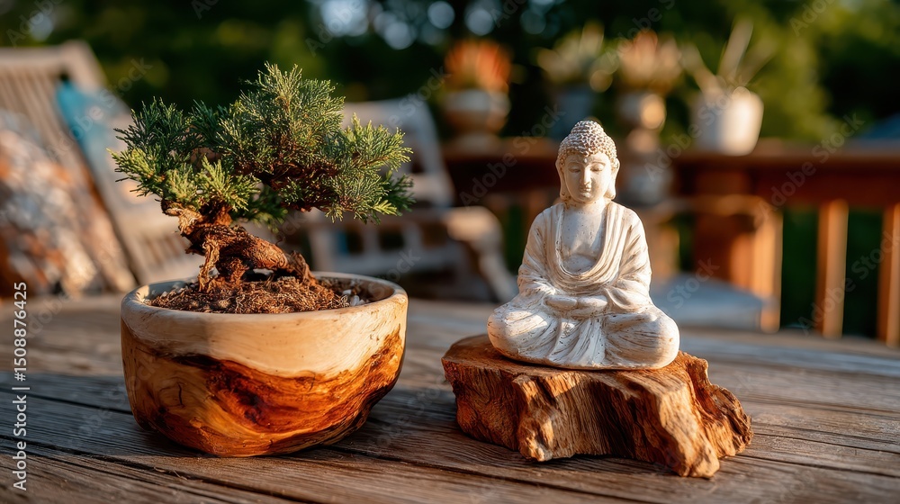 Poster tranquil small tree in a pot positioned next to a meditation statue creating a spiritual and calming