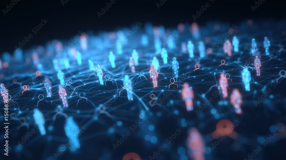 Poster Abstract Social Network Concept with Connected People Icons on Dark Blue Gradient Background – 3D Rendering Illustration of Online Community, Digital Communication Technology, Data Flow and Global Con