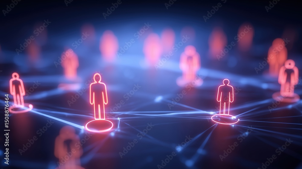 Poster Abstract Social Network Concept with Connected People Icons on Dark Blue Gradient Background – 3D Rendering Illustration of Online Community, Digital Communication Technology, Data Flow and Global Con
