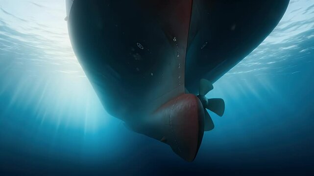 Ship's Hull and Propeller Beneath Azure Water, Sunlight Streaking Through the Depths