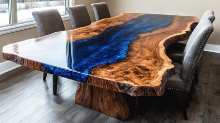 Large, live-edge dining table with resin river