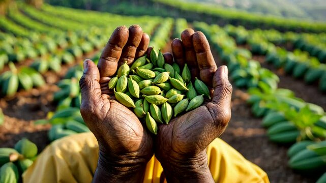 Farmer holding fresh harvested green cardamom pods in cultivated spice field with lush rows of plants