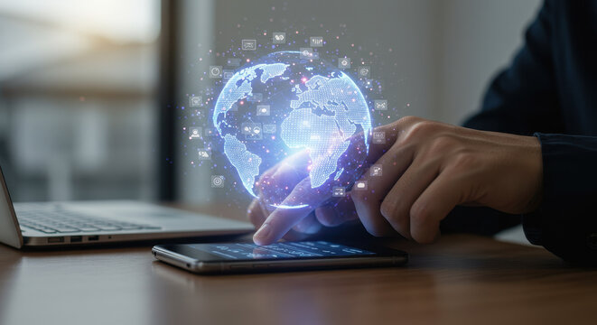 Global Networking: Man using smartphone displaying a digital earth hologram connecting global communications, showing international connectivity, digital transformation, and modern tech.