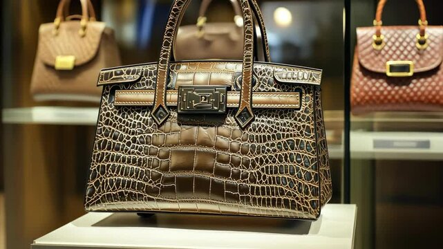 Elegant crocodile leather handbag in luxury shop display window. Fashion accessory and style.