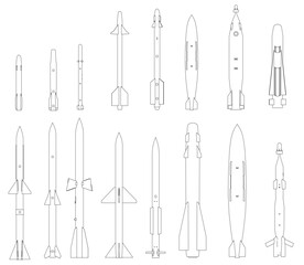 A series of rocket designs are shown in black and white. The rockets vary in size and shape, with some being long and thin and others being short and wide. Scene is one of creativity and innovation