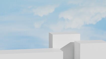 3D white podium with blue sky and fluffy clouds, ideal for summer skincare or cosmetic branding, Clean minimal scene light and shadow perfect for seasonal marketing visuals, product mockups, and ads.