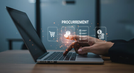 E-procurement: Man using laptop to navigate the digital procurement process for efficient supply chain management.