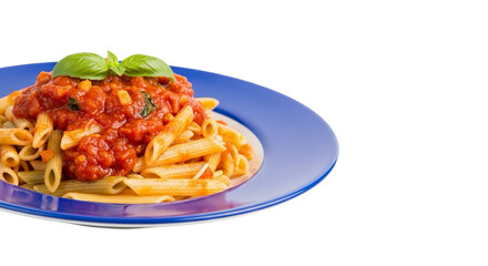 Fototapeta premium Pasta Penne Sits on Plate with Tomato Sauce and Basil Leaves on Transparent Background