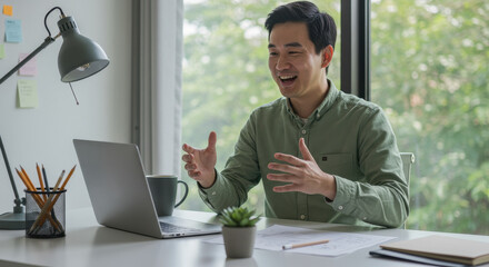 Excited Asian man in his 30s enthusiastically leads a video conference call at home, presenting business strategy ideas and laughing during the online meeting.