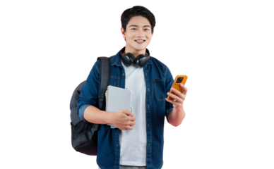 Portrait of Asian male student wearing headphones and backpack , holding phone and pointing finger gesture posing on PNG background	