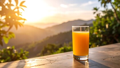 Glass of orange juice on a table, overlooking a scenic sunset and mountain range