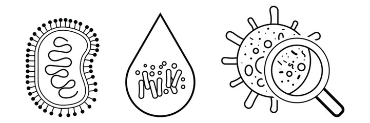 Microorganism bacteria science infection analysis set vector illustration for biology microscope lab research virus microbe outline diagram.