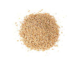 Spelt flakes isolated, dry raw rolled flat oat grains, wheat, oatmeal or bran, barley rye cereals