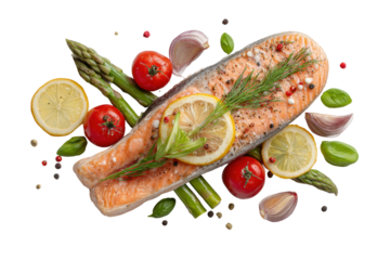 PNG Grilled salmon with fresh vegetables and lemon on black background