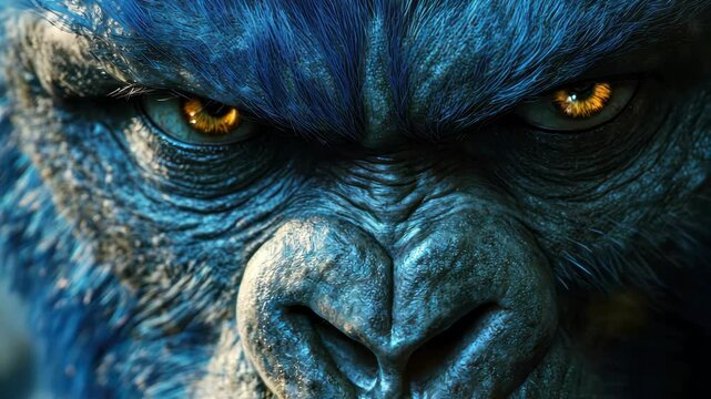 Intense close-up of a blue gorilla face with sharp gaze, amber eyes, animal portrait.
