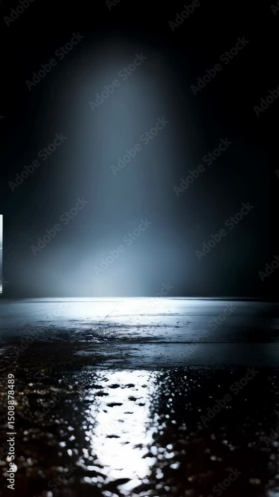 Poster abstract smoke drifts across dark, reflective floor with hints of light, creating an atmospheric eff