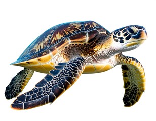 A green sea turtle swimming, isolated on a white background