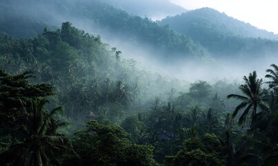 Misty jungle landscape with towering trees and hills.