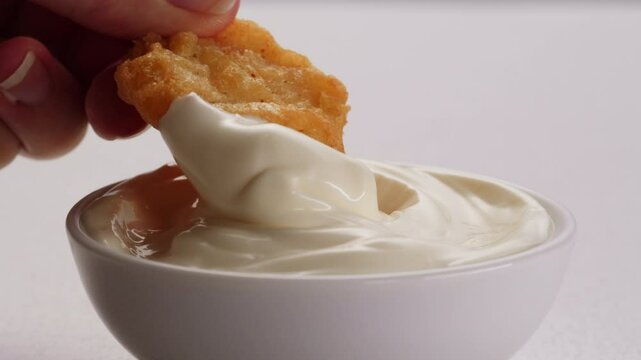 Curry cheese lemon sauce close up, fast food cafe Pouring fries potato and fry chicken in mayo yellow creamy cheese sauce close-up. Eat chicken nuggets with Peruvian sauce. Fast and junk food concept.