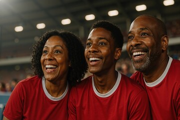 Happy family wearing red jerseys, enjoying a soccer match at the stadium, smiling and cheering
