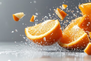 Fresh orange slices splashing with water on a grey background.