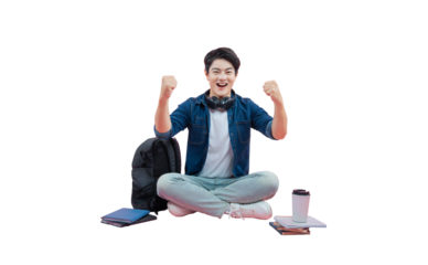 Student's Triumph and Relaxation: A young male student, filled with exuberance, sits cross-legged, a triumphant gesture, surrounded by his backpack, books, and a coffee cup.